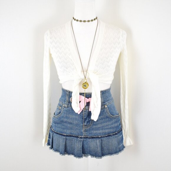 VTG 00s Y2K Candie's White Knit Ruffle Long Sleeve Cropped Tie-Up Shrug Sz XS - Picture 1 of 7